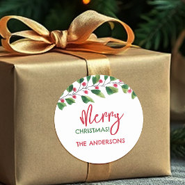 Vrolijk kerstrood en groen Waterverf krans Ronde Sticker