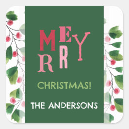 Vrolijk kerstrood en groen Waterverf krans Vierkante Sticker