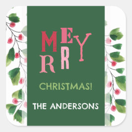 Vrolijk kerstrood en groen Waterverf krans Vierkante Sticker