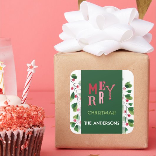 Vrolijk kerstrood en groen Waterverf krans Vierkante Sticker (Feest)