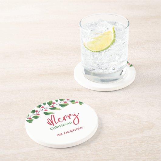 Vrolijk kerstrood en groen Waterverf krans Zandsteen Onderzetter (Zijkant)