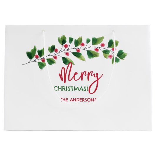 Vrolijk kerstrood en groen Waterverf tak Groot Cadeauzakje (Voorkant)