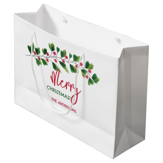 Vrolijk kerstrood en groen Waterverf tak Groot Cadeauzakje (Voorkant Gekanteld)