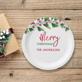 Vrolijk kerstrood en groen Waterverf tak Papieren Bordje