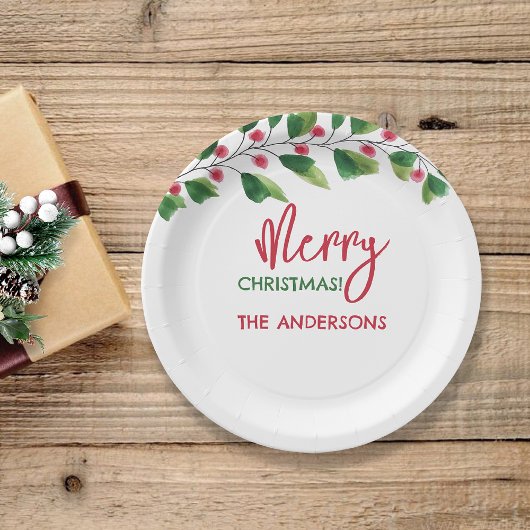 Vrolijk kerstrood en groen Waterverf tak Papieren Bordje