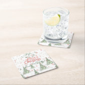 Vrolijk kerstrood en groene besneeuwde bomen kartonnen onderzetters (Insitu)