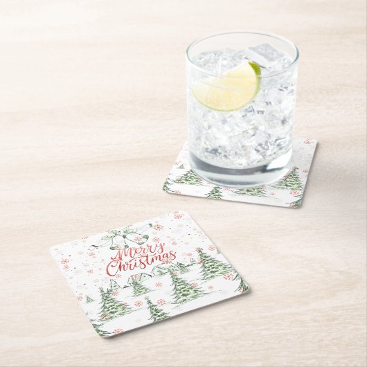 Vrolijk kerstrood en groene besneeuwde bomen kartonnen onderzetters (Insitu)