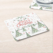 Vrolijk kerstrood en groene besneeuwde bomen kartonnen onderzetters (Schuin)