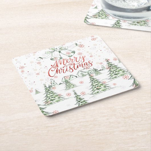 Vrolijk kerstrood en groene besneeuwde bomen kartonnen onderzetters (Schuin)
