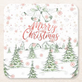 Vrolijk kerstrood en groene besneeuwde bomen kartonnen onderzetters (Voorkant)