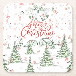 Vrolijk kerstrood en groene besneeuwde bomen kartonnen onderzetters