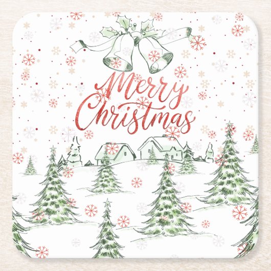 Vrolijk kerstrood en groene besneeuwde bomen kartonnen onderzetters (Voorkant)