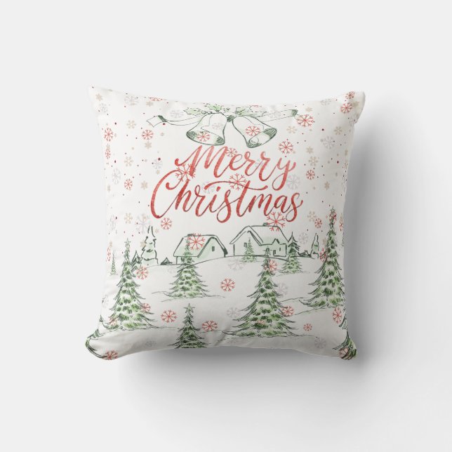 Vrolijk kerstrood en groene besneeuwde bomen kussen (Voorkant)