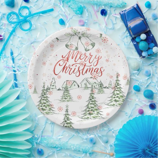 Vrolijk kerstrood en groene besneeuwde bomen papieren bordje (Feest)