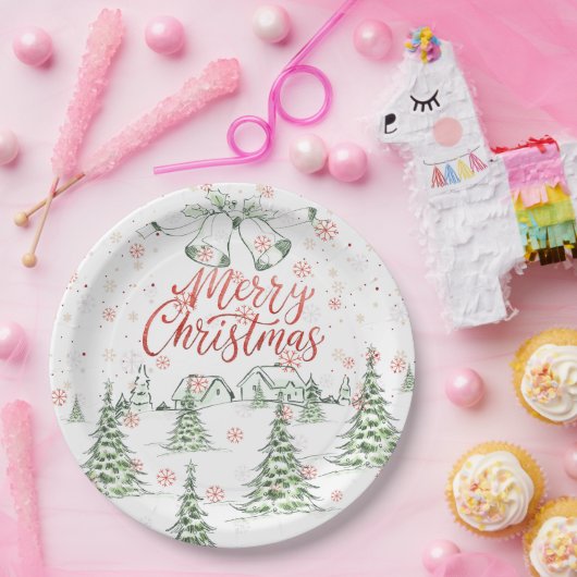 Vrolijk kerstrood en groene besneeuwde bomen papieren bordje (Feest)