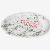 Vrolijk kerstrood en groene besneeuwde bomen papieren bordje (Gekanteld)