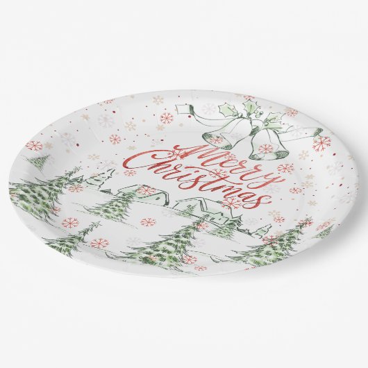 Vrolijk kerstrood en groene besneeuwde bomen papieren bordje (Gekanteld)
