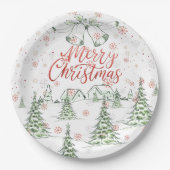 Vrolijk kerstrood en groene besneeuwde bomen papieren bordje (Voorkant)
