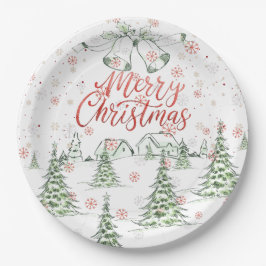 Vrolijk kerstrood en groene besneeuwde bomen papieren bordje