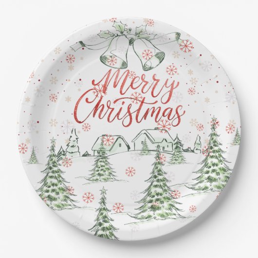 Vrolijk kerstrood en groene besneeuwde bomen papieren bordje (Voorkant)