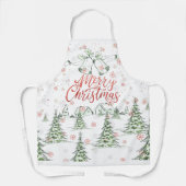Vrolijk kerstrood en groene besneeuwde bomen schort (Voorkant)