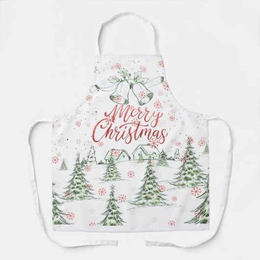 Vrolijk kerstrood en groene besneeuwde bomen schort (Voorkant)