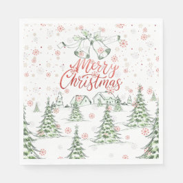 Vrolijk kerstrood en groene besneeuwde bomen servet