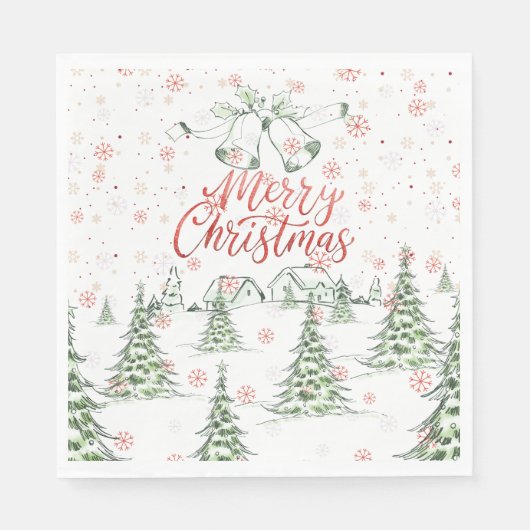 Vrolijk kerstrood en groene besneeuwde bomen servet (Voorkant)