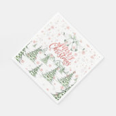 Vrolijk kerstrood en groene besneeuwde bomen servet (Hoek)