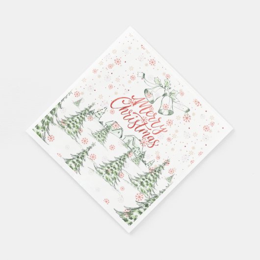 Vrolijk kerstrood en groene besneeuwde bomen servet (Hoek)