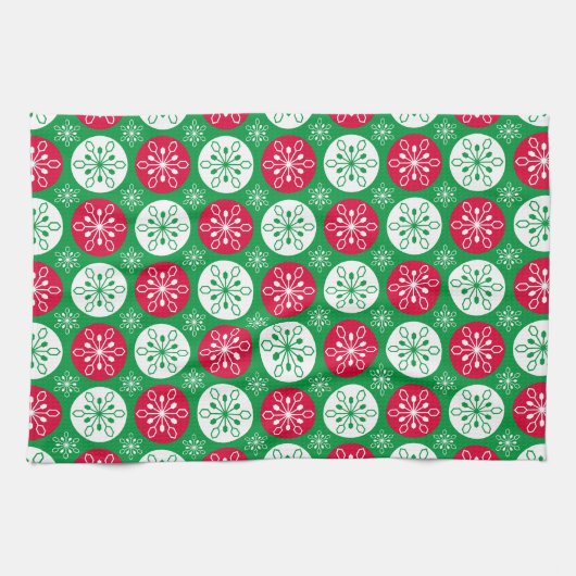 Vrolijk kerstrood en groene sneeuwvlokken theedoek (Horizontaal)