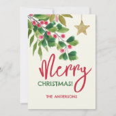 Vrolijk kerstrood en groene Waterverf takken Feestdagenkaart (Voorkant)