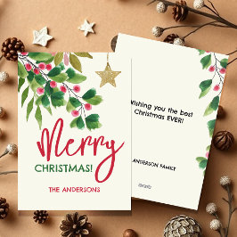 Vrolijk kerstrood en groene Waterverf takken Feestdagenkaart