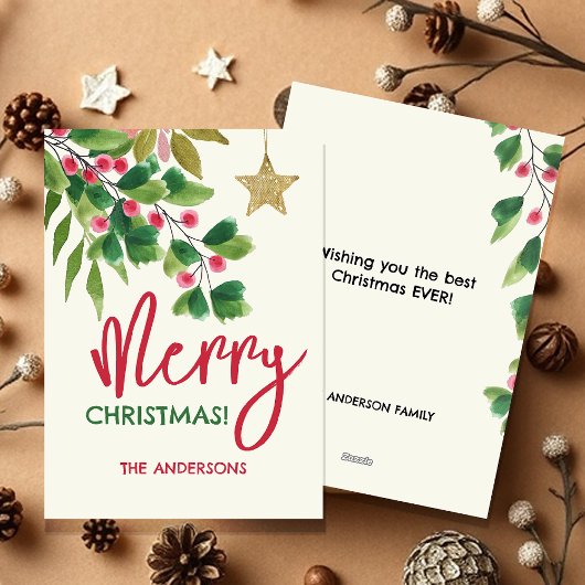 Vrolijk kerstrood en groene Waterverf takken Feestdagenkaart