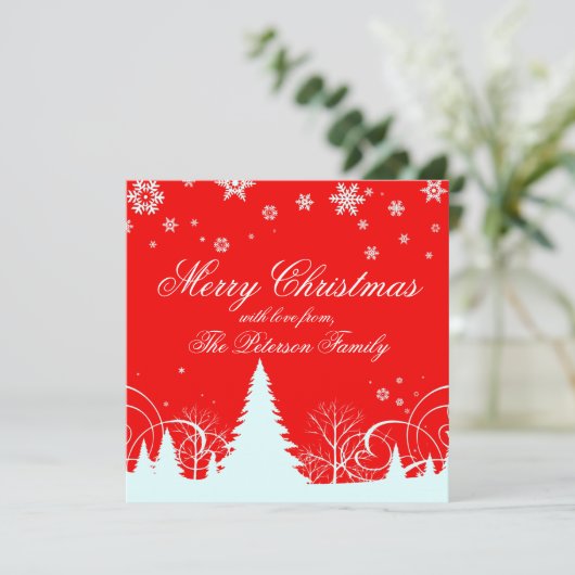 Vrolijk kerstrood en wit winterlandschap feestdagenkaart (Staand voorkant)