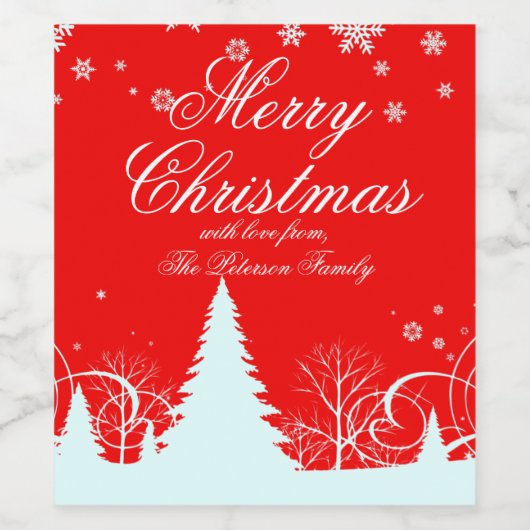 Vrolijk kerstrood en wit winterlandschap wijn etiket (Enkel label)