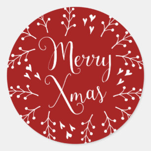 Vrolijk kerstrood en witte bessen en harten ronde sticker