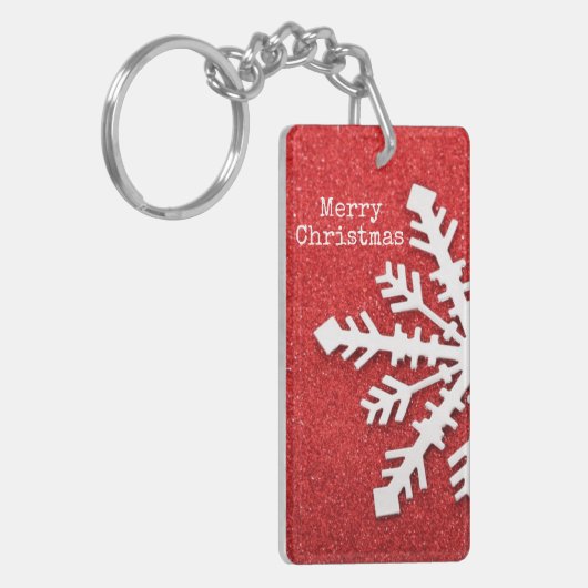 Vrolijk kerstrood en witte sneeuwvlok sleutelhanger (Voorkant Links)