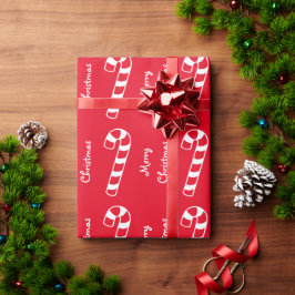 Vrolijk kerstrood en witte stripte snoepjes cadeaupapier
