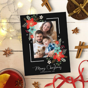 Vrolijk kerstrood flesje op zwarte Feestdagen Foto Briefkaart