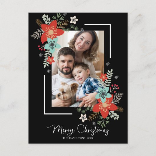 Vrolijk kerstrood flesje op zwarte Feestdagen Foto Briefkaart (Voorkant)