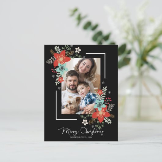 Vrolijk kerstrood flesje op zwarte Feestdagen Foto Briefkaart (Staand voorkant)