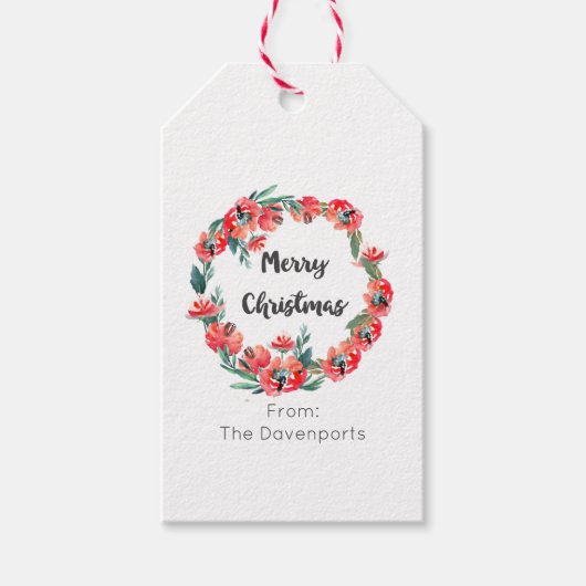 Vrolijk kerstrood flesje Waterverf Wreator Cadeaulabel (Voorkant)