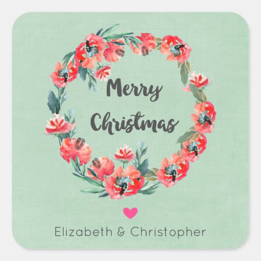 Vrolijk kerstrood flesje Wreath & Heart Vierkante Sticker (Voorkant)