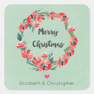 Vrolijk kerstrood flesje Wreath & Heart Vierkante Sticker