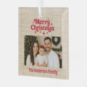 Vrolijk kerstrood foto beige burlap glas ornament (Voorkant links)