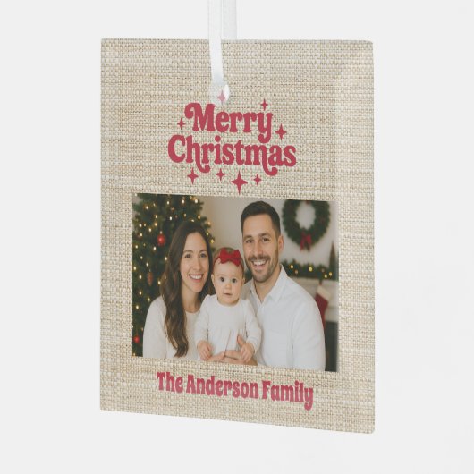 Vrolijk kerstrood foto beige burlap glas ornament (Voorkant links)