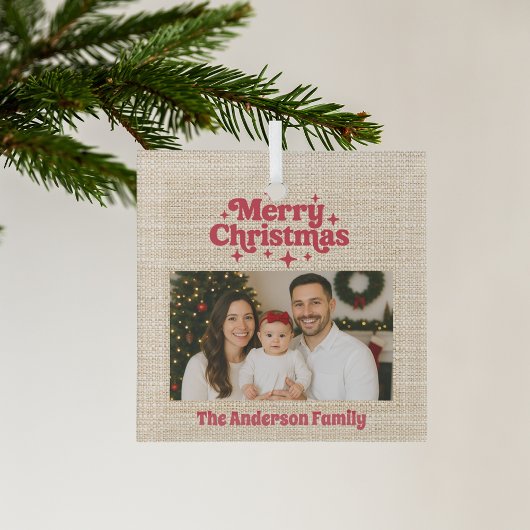 Vrolijk kerstrood foto beige burlap glas ornament