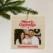 Vrolijk kerstrood foto beige burlap keramisch ornament