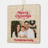Vrolijk kerstrood foto beige burlap keramisch ornament (Links)